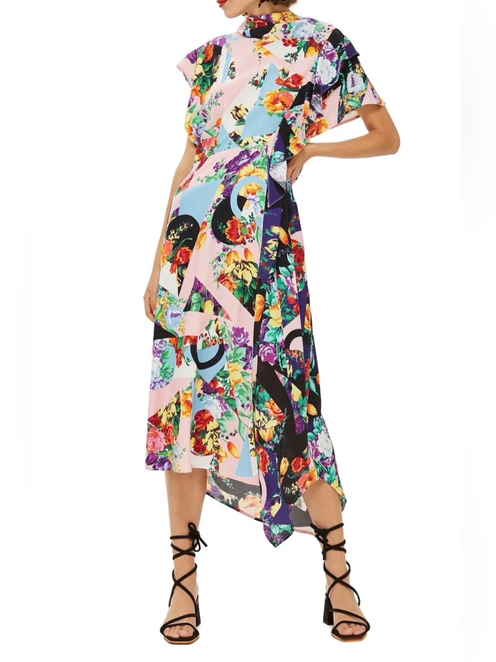 Topshop Floral High Neck Cowl Back Midaxi Dress Sz 8 Cottagecore Asymmetrical